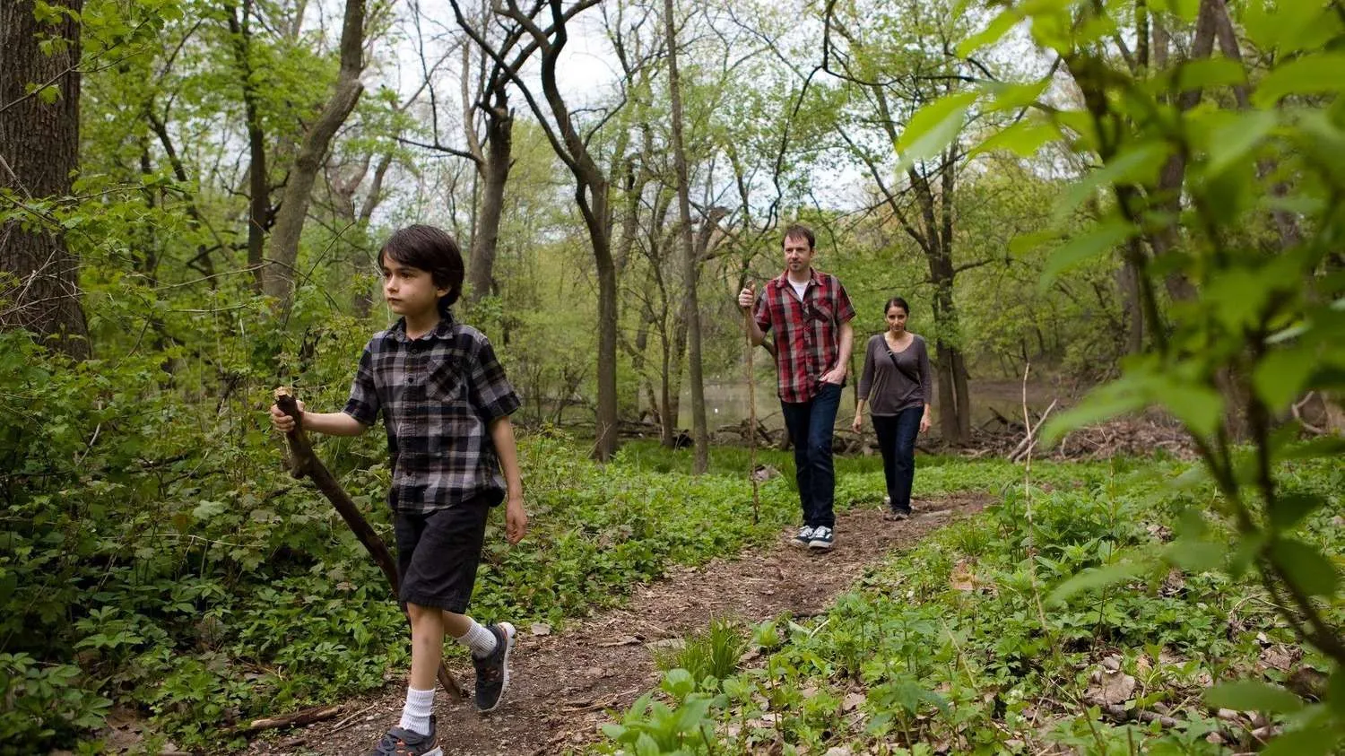 two hikers in the forest