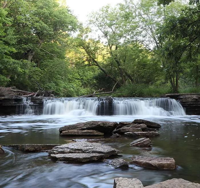 Waterfall in a green forest with rocks