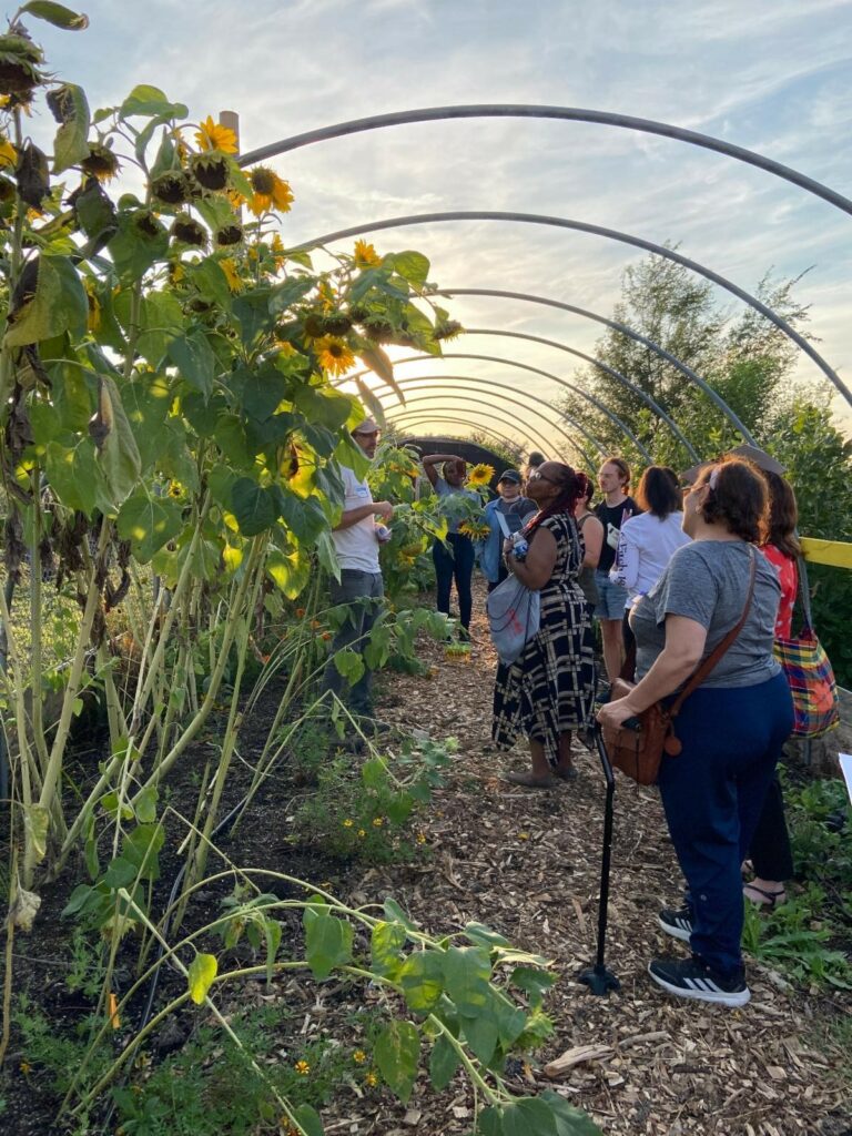 a group of people standing in a garden