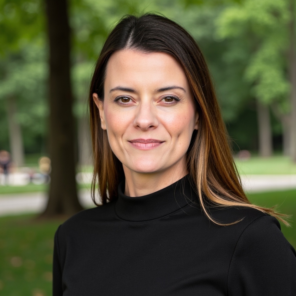 Sara Egan-A woman with a black sweater and a tree in the background