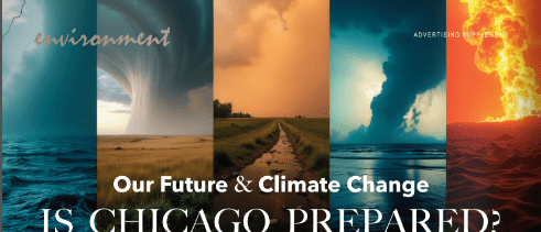 Image showing five columns with different colored skies and title of article in Chicago Magazine