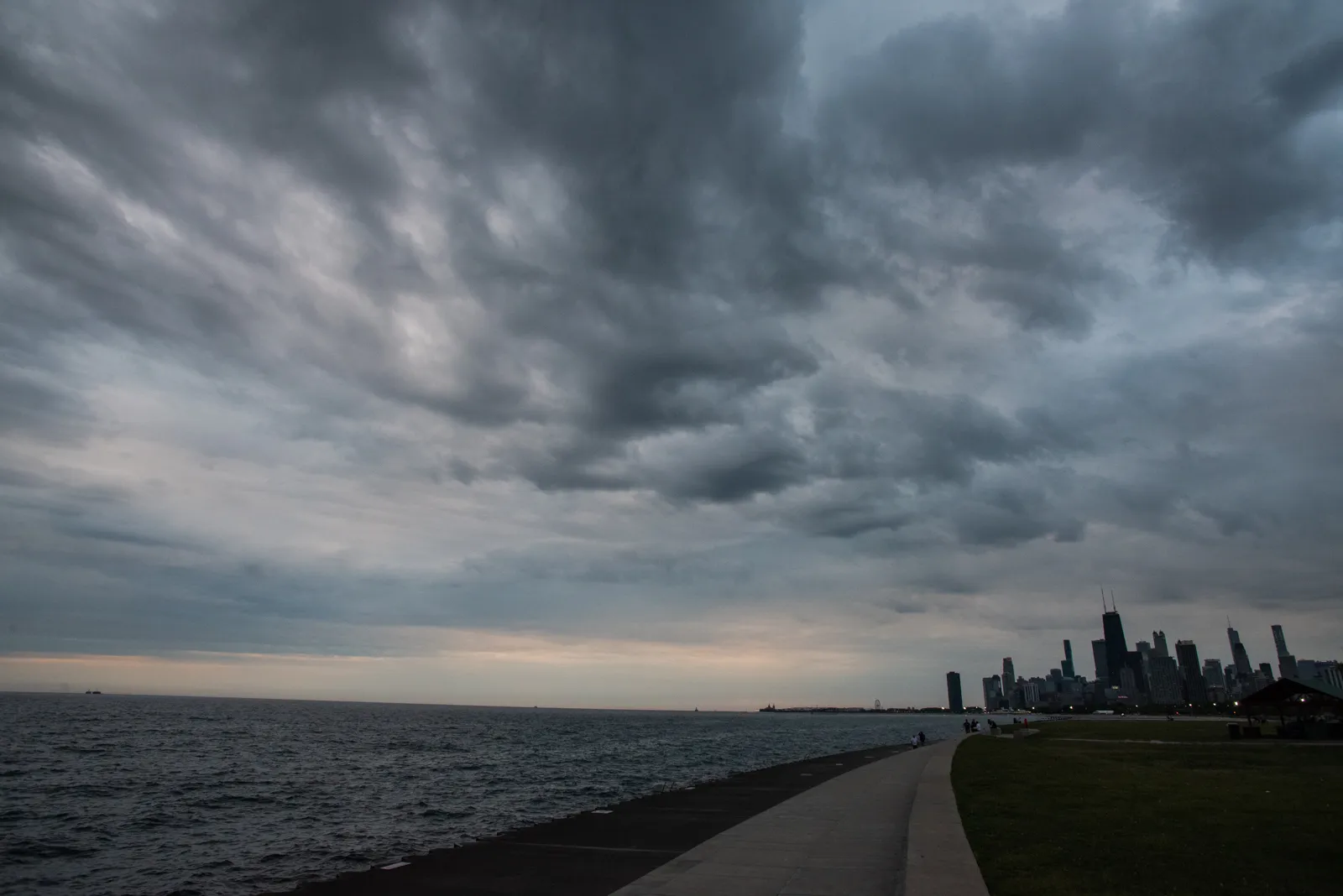 Cloudy skies over Lake Michigan and Chicago skyline